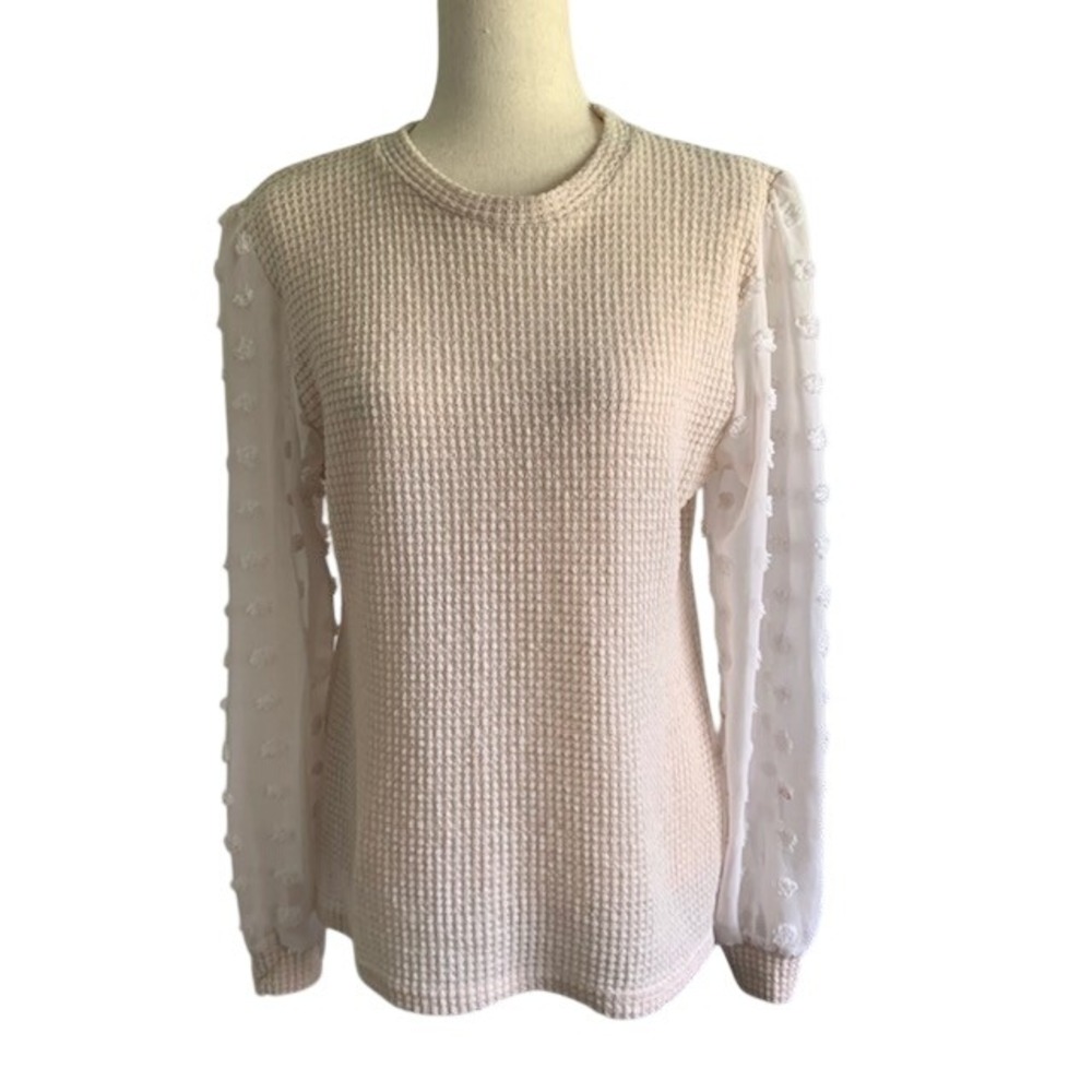 Neutral Waffle Knit Blouse Sheer Sleeve Swiss Dot Romantic Top M